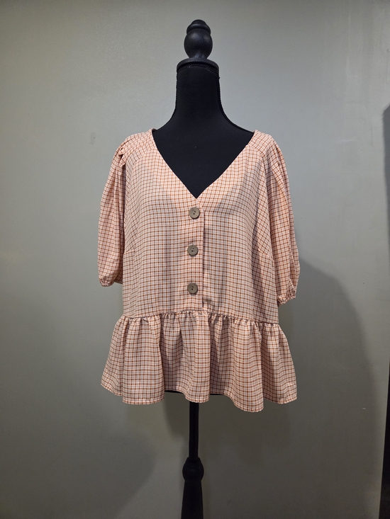 LC Lauren Conrad Tops - LC Lauren Conrad Peach Plaid V-Neck Peplum Blouse